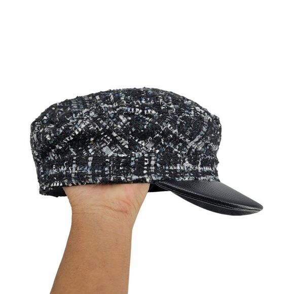 Juicy Couture Newsboy Cabbie Hat‎ Faux Leather Brim Blue Black Metallic Tweed